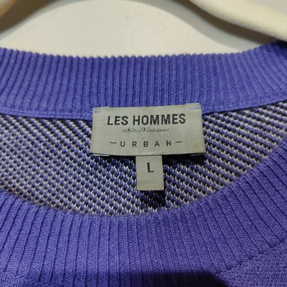 Les Hommes Men's Sz L Blue Retro Ski Stripe Pullover Sweater Crewneck - Picture 3 of 6